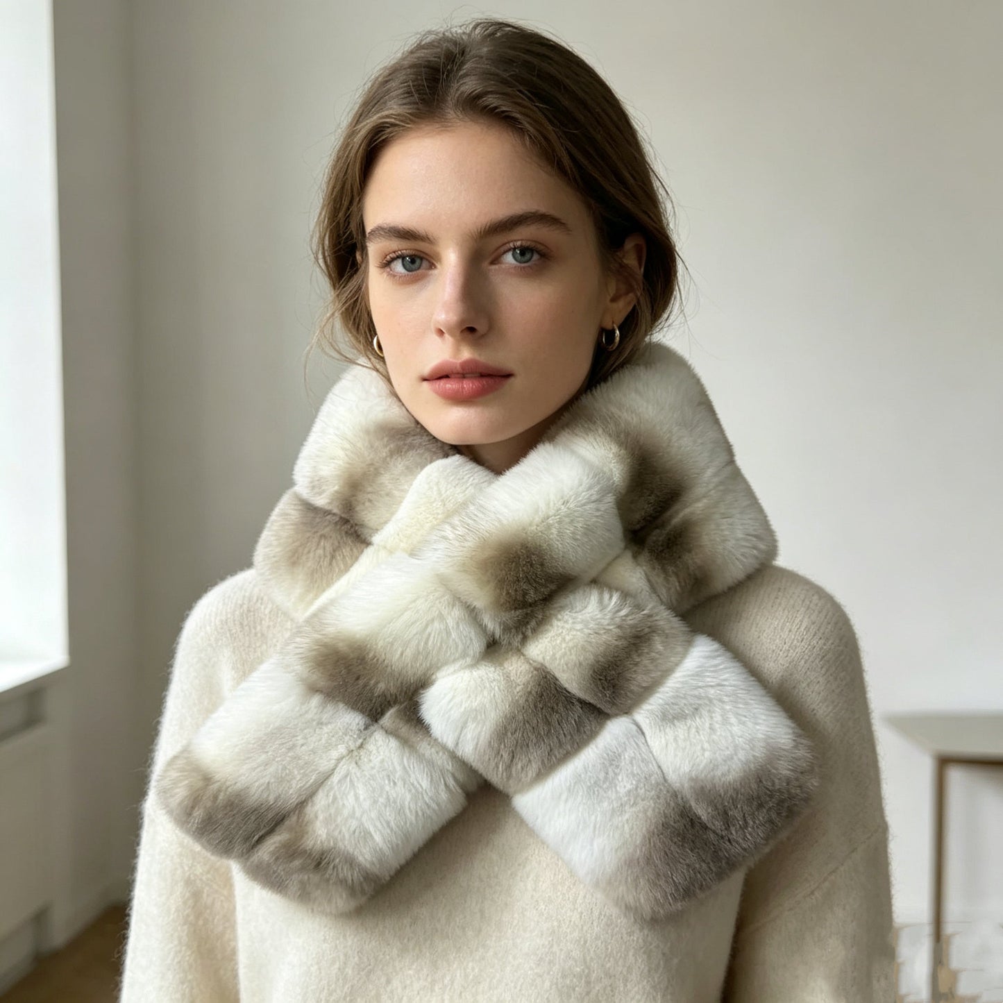 Lujosa bufanda de piel de invierno, suave, afelpada, con rayas, calentador de cuello para mujer