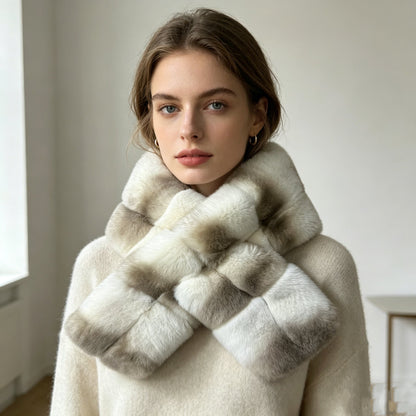 Lujosa bufanda de piel de invierno, suave, afelpada, con rayas, calentador de cuello para mujer