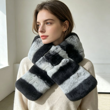 Lujosa bufanda de piel de invierno, suave, afelpada, con rayas, calentador de cuello para mujer