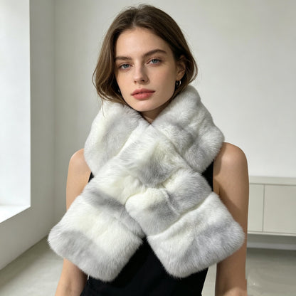 Lujosa bufanda de piel de invierno, suave, afelpada, con rayas, calentador de cuello para mujer