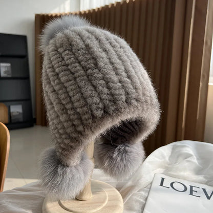 Moda invierno lujo mujer gorros de aviador de punto sólido de piel, gorros de piel de visón para mujer, gorros con orejeras de piel de zorro, gorros con orejeras para mujer