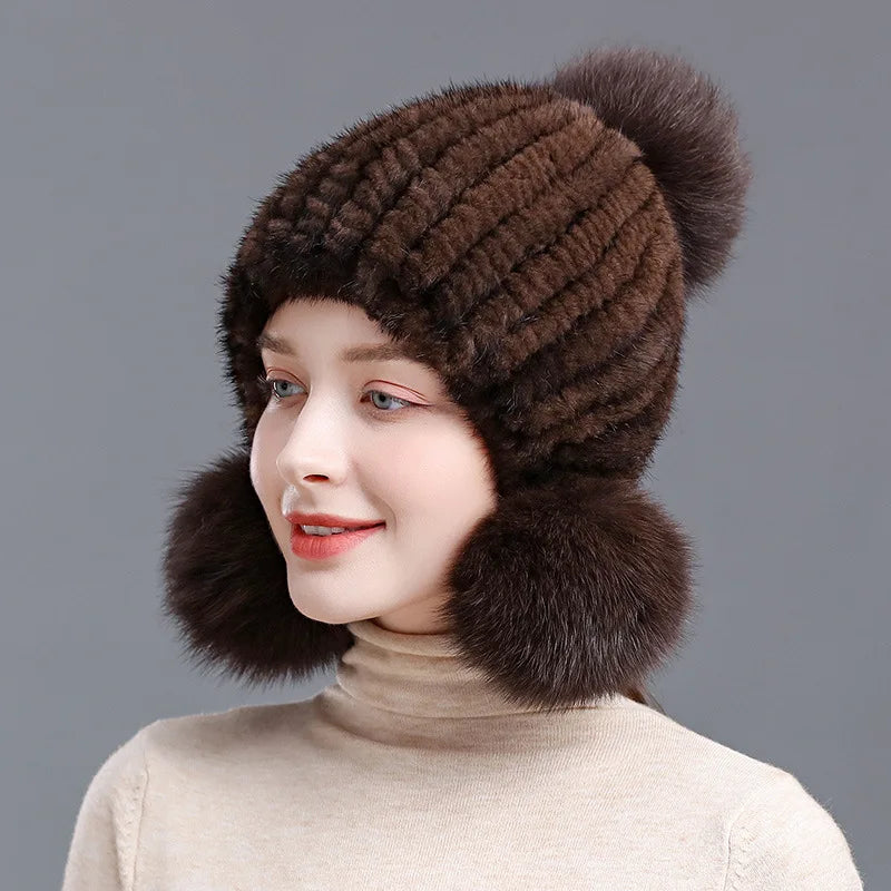 Moda invierno lujo mujer gorros de aviador de punto sólido de piel, gorros de piel de visón para mujer, gorros con orejeras de piel de zorro, gorros con orejeras para mujer