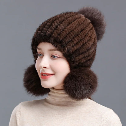 Moda invierno lujo mujer gorros de aviador de punto sólido de piel, gorros de piel de visón para mujer, gorros con orejeras de piel de zorro, gorros con orejeras para mujer