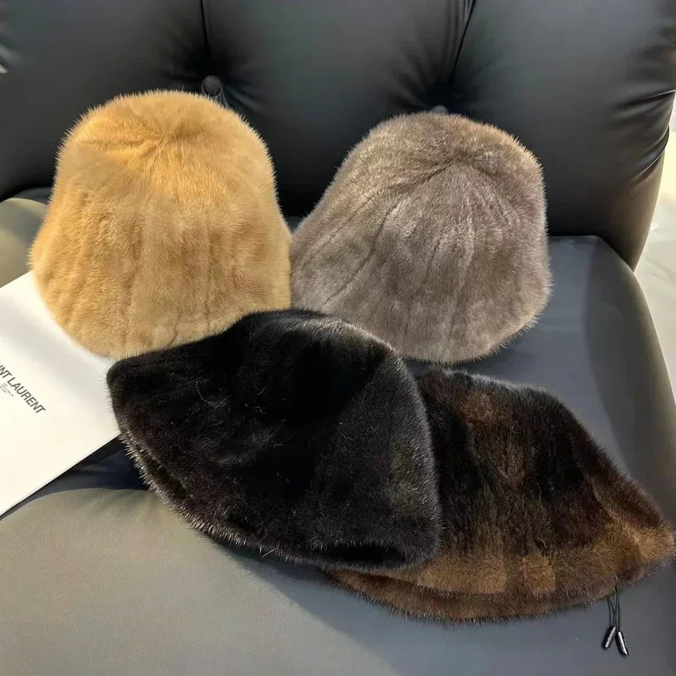 Sombreros de invierno para mujer de nuevo estilo, de piel de visón, gorros de cubo, gorro de visón natural cálido, gorra de piel de visón auténtica a la moda para exteriores