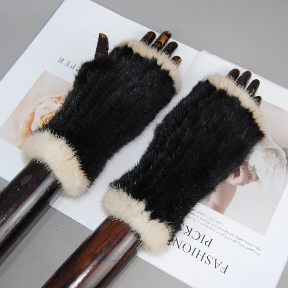 New Style Women Winter  Mink Fur Gloves 100% Natural Warm Mink Fur Fingerless Gloves Girls Knitted Genuine Mink Fur Mittens