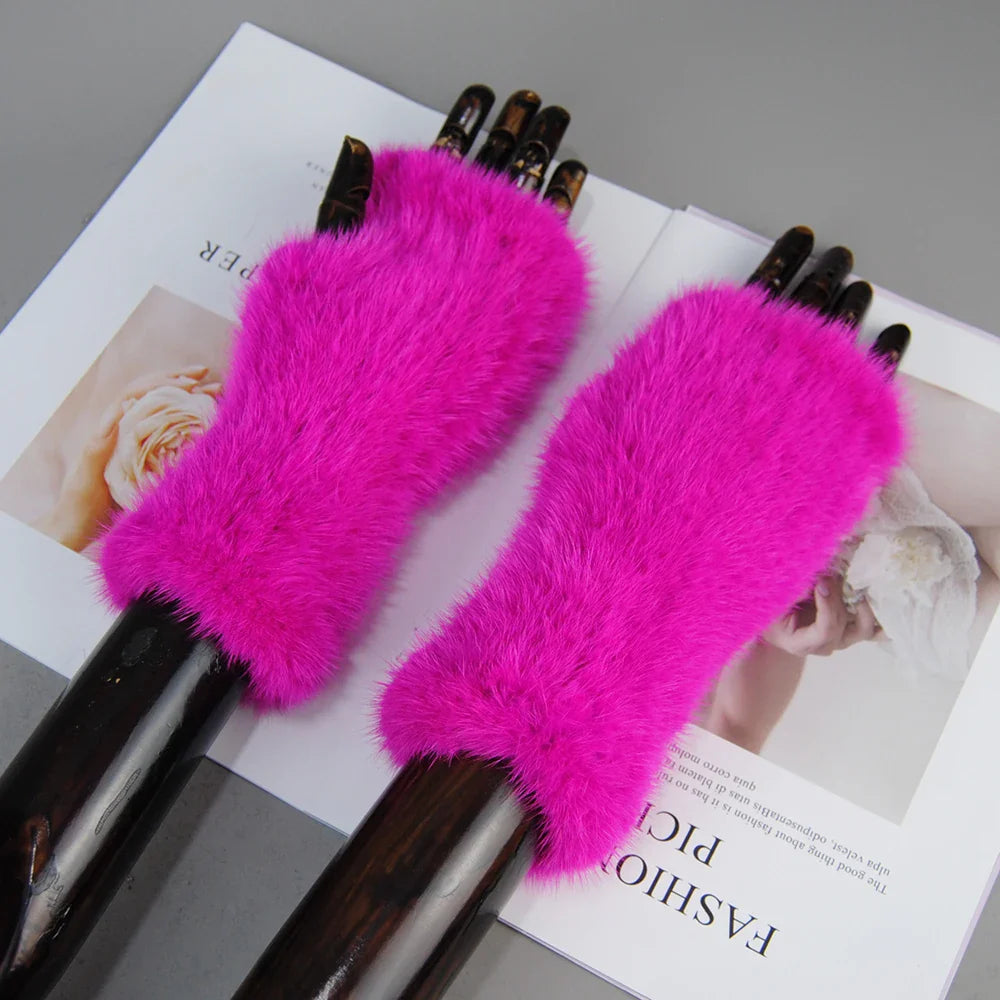 New Style Women Winter  Mink Fur Gloves 100% Natural Warm Mink Fur Fingerless Gloves Girls Knitted Genuine Mink Fur Mittens