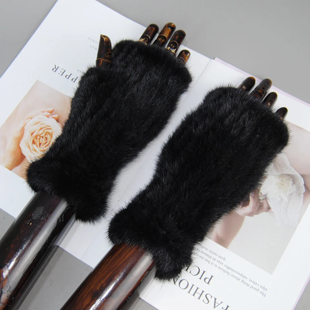 New Style Women Winter  Mink Fur Gloves 100% Natural Warm Mink Fur Fingerless Gloves Girls Knitted Genuine Mink Fur Mittens