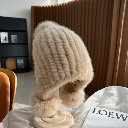 Moda invierno lujo mujer gorros de aviador de punto sólido de piel, gorros de piel de visón para mujer, gorros con orejeras de piel de zorro, gorros con orejeras para mujer