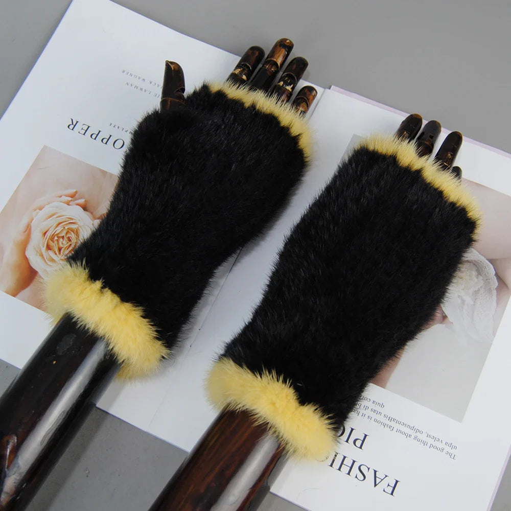 New Style Women Winter  Mink Fur Gloves 100% Natural Warm Mink Fur Fingerless Gloves Girls Knitted Genuine Mink Fur Mittens