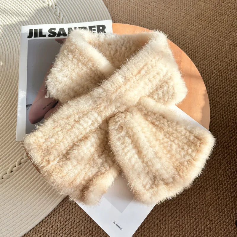 Bufanda de piel de visón cálida de invierno, bufanda sencilla de piel tejida a doble cara, pañuelo de piel a la moda, calentador de cuello de invierno para mujer