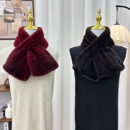 Bufanda de piel de visón cálida de invierno, bufanda sencilla de piel tejida a doble cara, pañuelo de piel a la moda, calentador de cuello de invierno para mujer