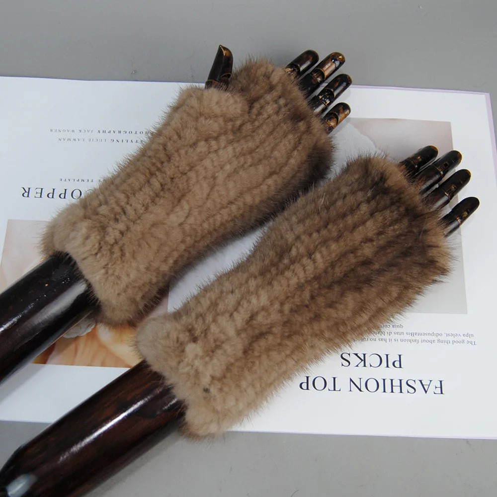 New Style Women Winter  Mink Fur Gloves 100% Natural Warm Mink Fur Fingerless Gloves Girls Knitted Genuine Mink Fur Mittens