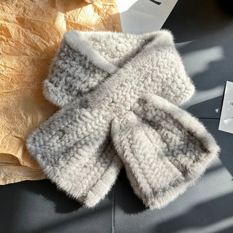 Bufanda de piel de visón cálida de invierno, bufanda sencilla de piel tejida a doble cara, pañuelo de piel a la moda, calentador de cuello de invierno para mujer