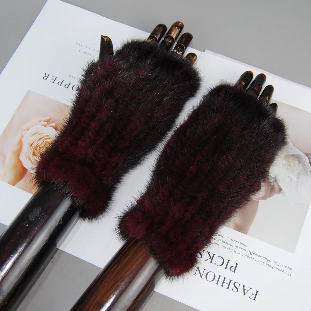 New Style Women Winter  Mink Fur Gloves 100% Natural Warm Mink Fur Fingerless Gloves Girls Knitted Genuine Mink Fur Mittens