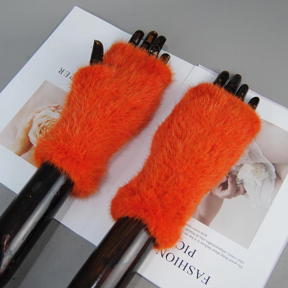 New Style Women Winter  Mink Fur Gloves 100% Natural Warm Mink Fur Fingerless Gloves Girls Knitted Genuine Mink Fur Mittens