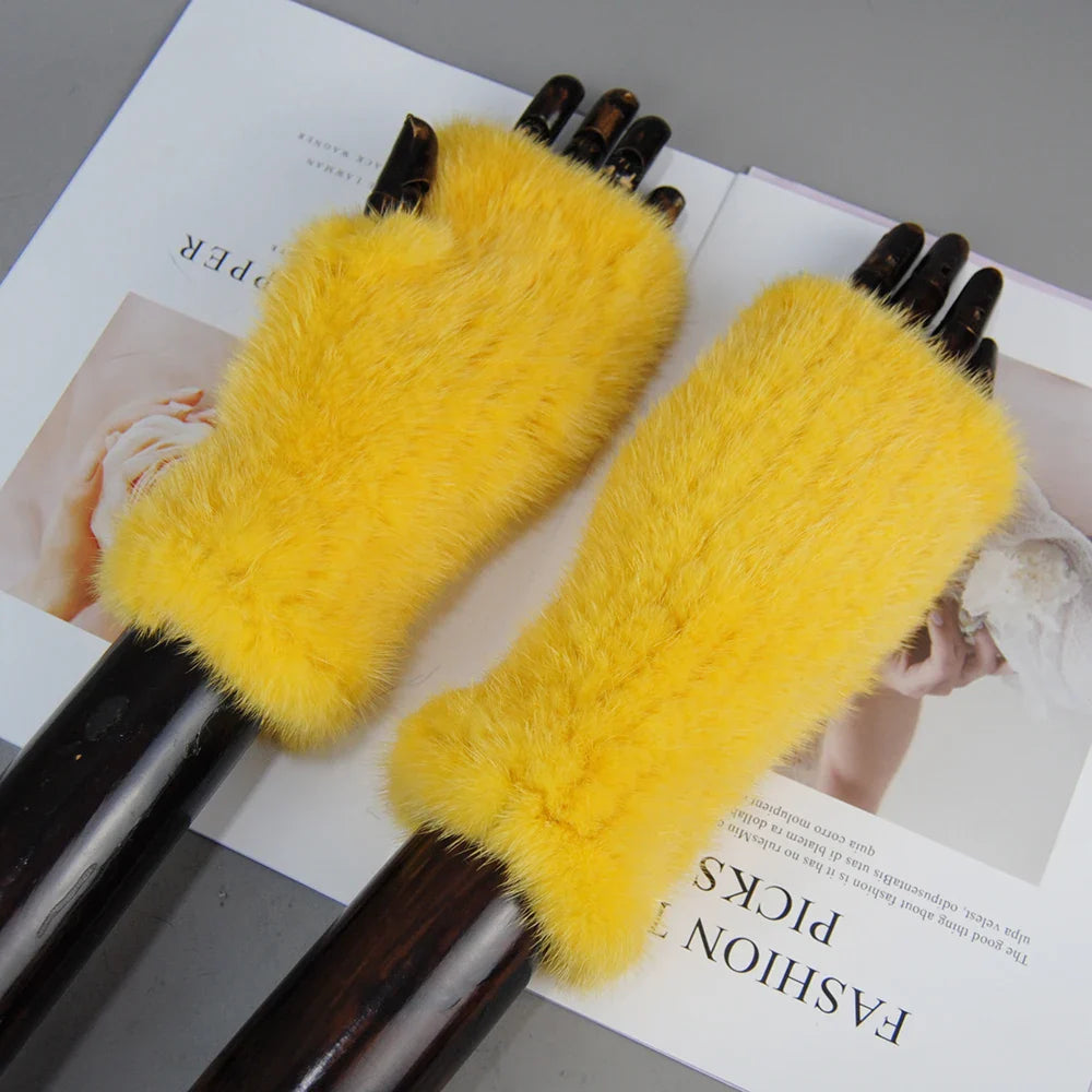 New Style Women Winter  Mink Fur Gloves 100% Natural Warm Mink Fur Fingerless Gloves Girls Knitted Genuine Mink Fur Mittens