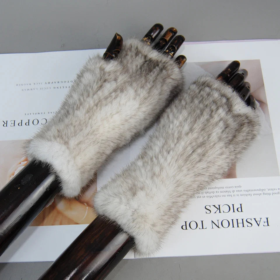 New Style Women Winter  Mink Fur Gloves 100% Natural Warm Mink Fur Fingerless Gloves Girls Knitted Genuine Mink Fur Mittens