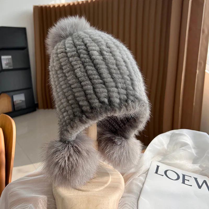 Moda invierno lujo mujer gorros de aviador de punto sólido de piel, gorros de piel de visón para mujer, gorros con orejeras de piel de zorro, gorros con orejeras para mujer