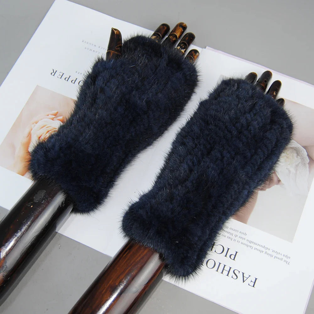 New Style Women Winter  Mink Fur Gloves 100% Natural Warm Mink Fur Fingerless Gloves Girls Knitted Genuine Mink Fur Mittens