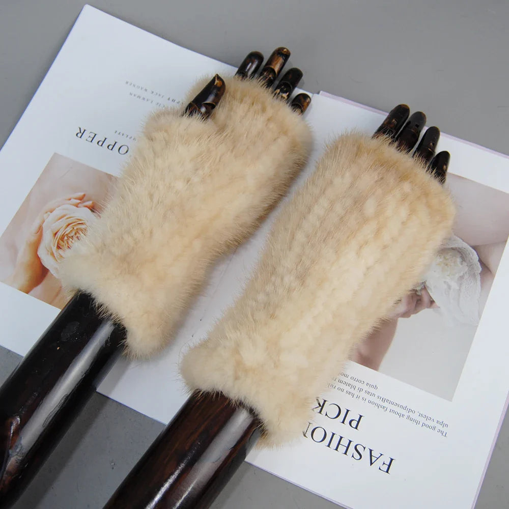 New Style Women Winter  Mink Fur Gloves 100% Natural Warm Mink Fur Fingerless Gloves Girls Knitted Genuine Mink Fur Mittens