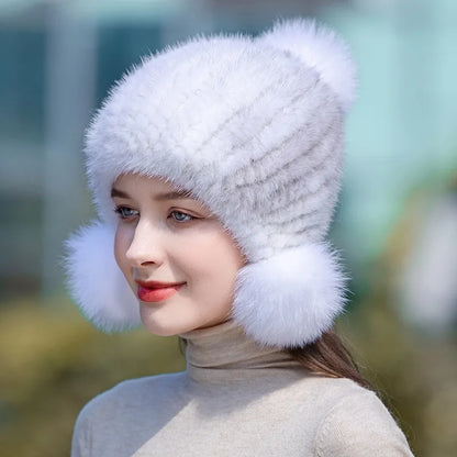 Moda invierno lujo mujer gorros de aviador de punto sólido de piel, gorros de piel de visón para mujer, gorros con orejeras de piel de zorro, gorros con orejeras para mujer