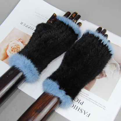 New Style Women Winter  Mink Fur Gloves 100% Natural Warm Mink Fur Fingerless Gloves Girls Knitted Genuine Mink Fur Mittens
