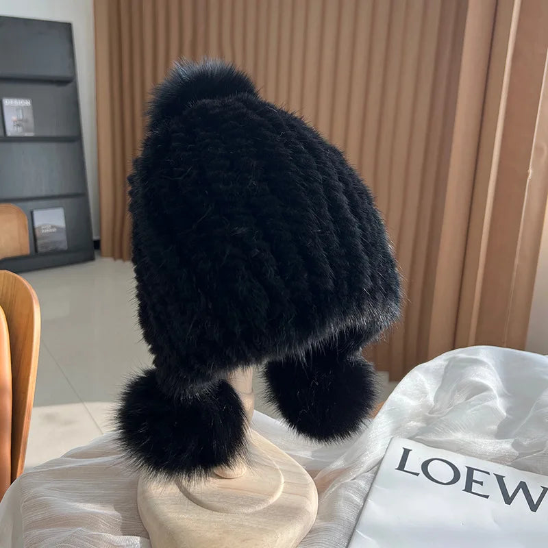 Moda invierno lujo mujer gorros de aviador de punto sólido de piel, gorros de piel de visón para mujer, gorros con orejeras de piel de zorro, gorros con orejeras para mujer