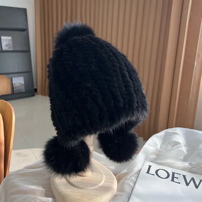 Moda invierno lujo mujer gorros de aviador de punto sólido de piel, gorros de piel de visón para mujer, gorros con orejeras de piel de zorro, gorros con orejeras para mujer