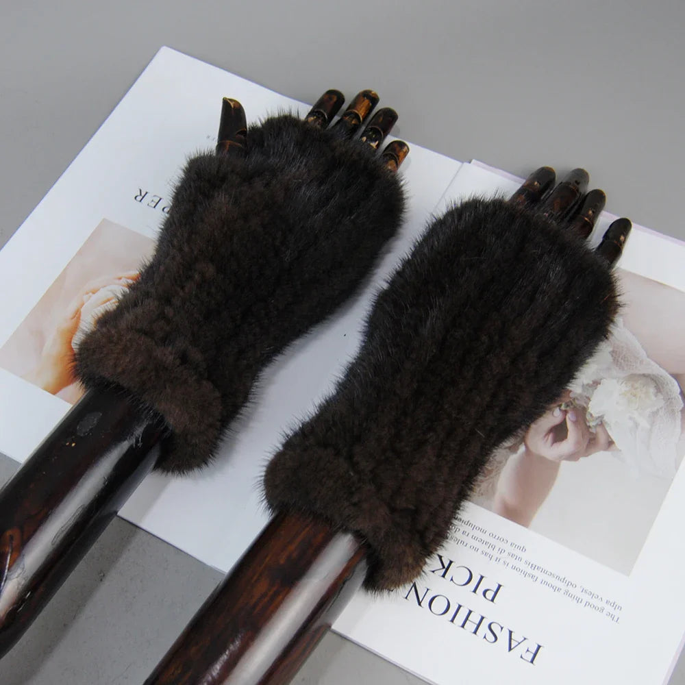 New Style Women Winter  Mink Fur Gloves 100% Natural Warm Mink Fur Fingerless Gloves Girls Knitted Genuine Mink Fur Mittens
