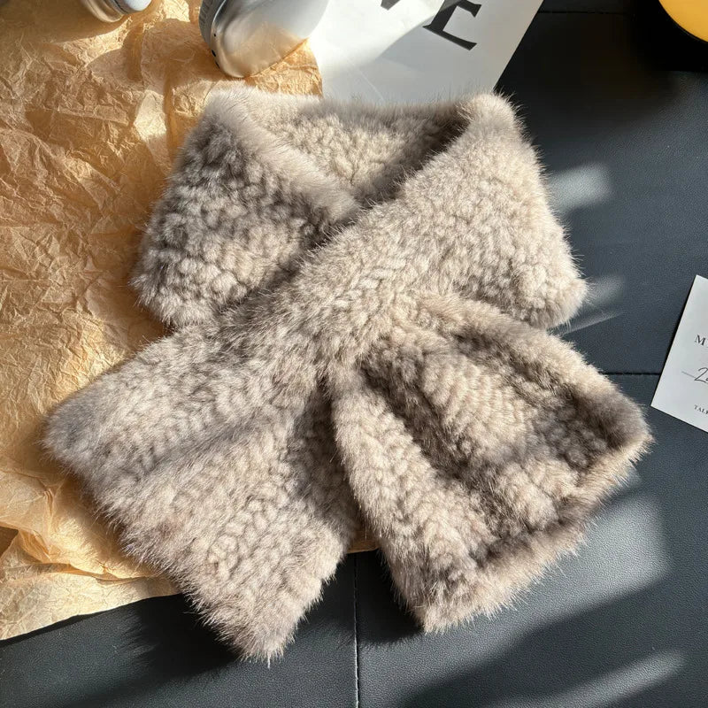 Bufanda de piel de visón cálida de invierno, bufanda sencilla de piel tejida a doble cara, pañuelo de piel a la moda, calentador de cuello de invierno para mujer