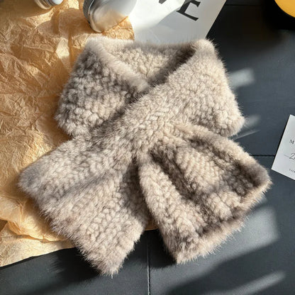 Bufanda de piel de visón cálida de invierno, bufanda sencilla de piel tejida a doble cara, pañuelo de piel a la moda, calentador de cuello de invierno para mujer