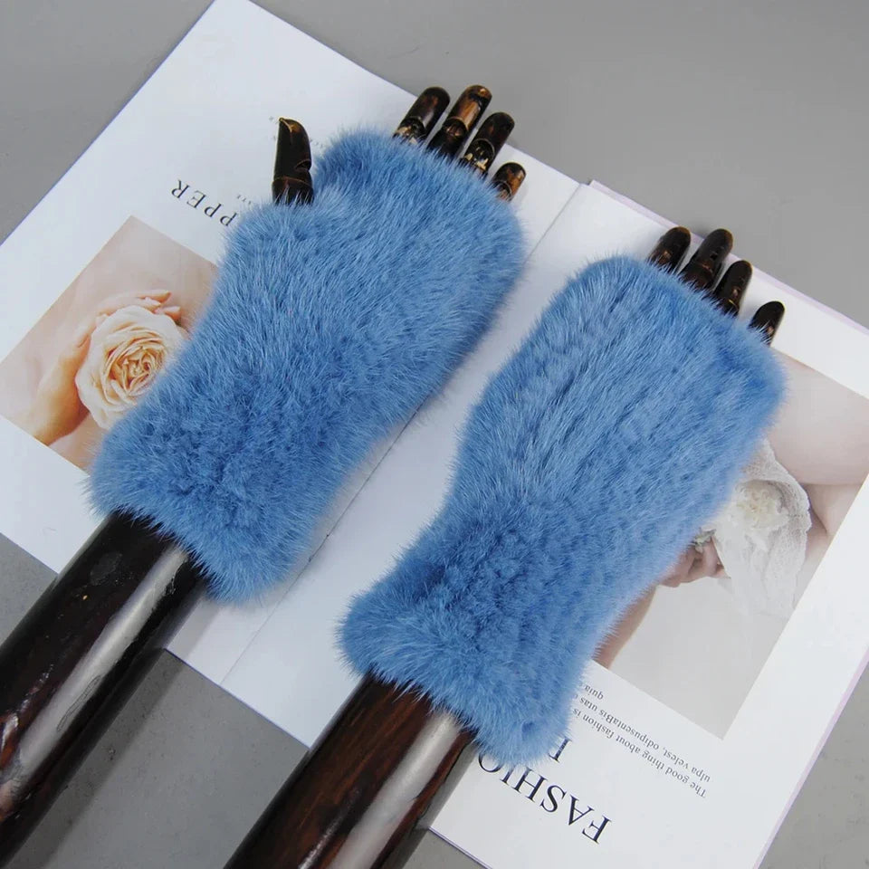 New Style Women Winter  Mink Fur Gloves 100% Natural Warm Mink Fur Fingerless Gloves Girls Knitted Genuine Mink Fur Mittens