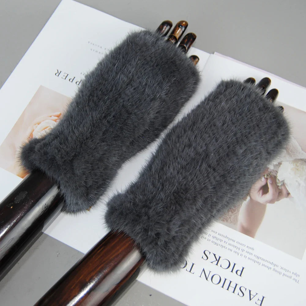 New Style Women Winter  Mink Fur Gloves 100% Natural Warm Mink Fur Fingerless Gloves Girls Knitted Genuine Mink Fur Mittens