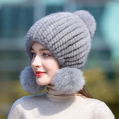 Moda invierno lujo mujer gorros de aviador de punto sólido de piel, gorros de piel de visón para mujer, gorros con orejeras de piel de zorro, gorros con orejeras para mujer