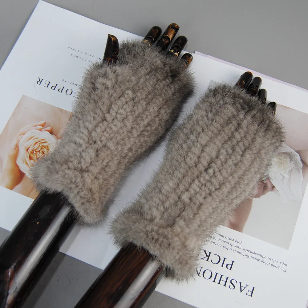 New Style Women Winter  Mink Fur Gloves 100% Natural Warm Mink Fur Fingerless Gloves Girls Knitted Genuine Mink Fur Mittens