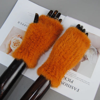 New Style Women Winter  Mink Fur Gloves 100% Natural Warm Mink Fur Fingerless Gloves Girls Knitted Genuine Mink Fur Mittens