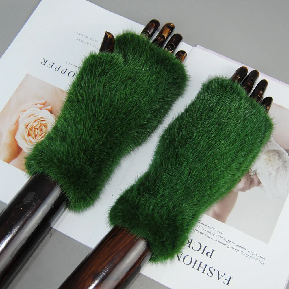 New Style Women Winter  Mink Fur Gloves 100% Natural Warm Mink Fur Fingerless Gloves Girls Knitted Genuine Mink Fur Mittens