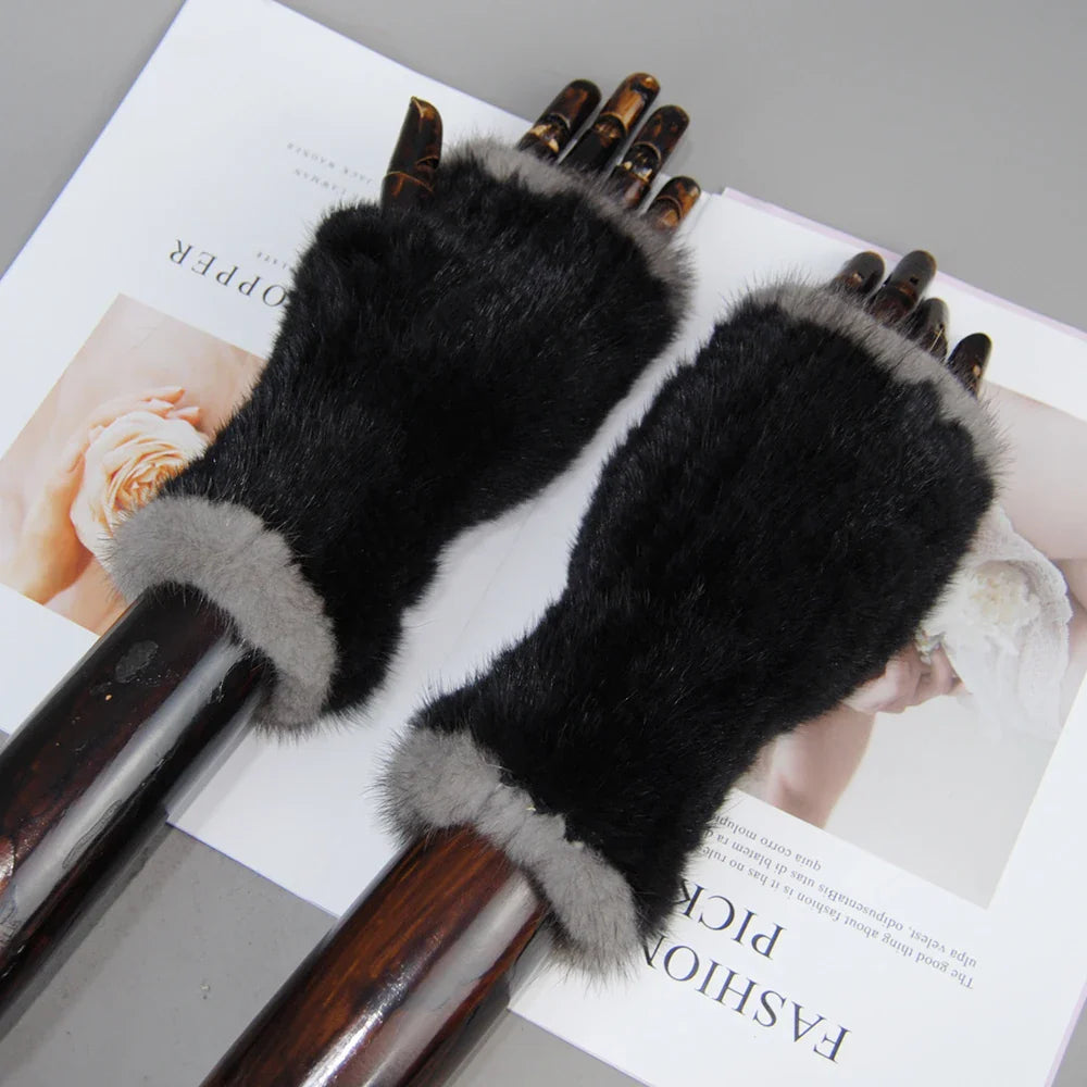 New Style Women Winter  Mink Fur Gloves 100% Natural Warm Mink Fur Fingerless Gloves Girls Knitted Genuine Mink Fur Mittens