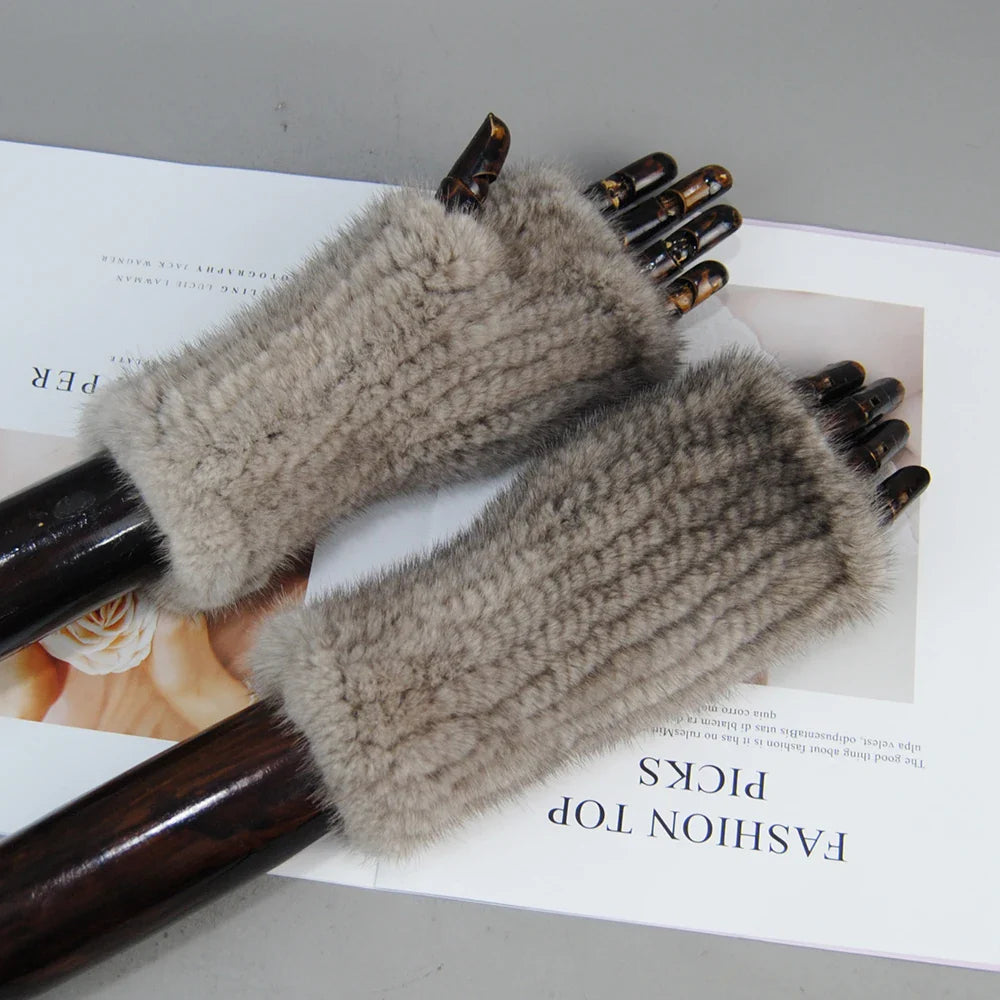 New Style Women Winter  Mink Fur Gloves 100% Natural Warm Mink Fur Fingerless Gloves Girls Knitted Genuine Mink Fur Mittens