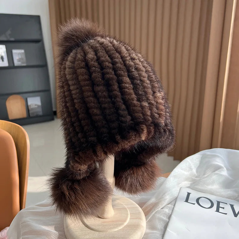 Moda invierno lujo mujer gorros de aviador de punto sólido de piel, gorros de piel de visón para mujer, gorros con orejeras de piel de zorro, gorros con orejeras para mujer