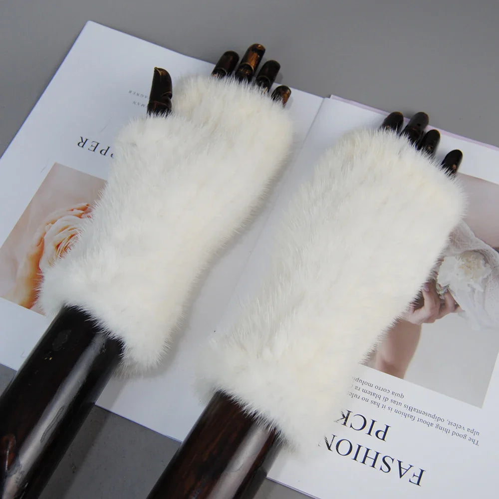 New Style Women Winter  Mink Fur Gloves 100% Natural Warm Mink Fur Fingerless Gloves Girls Knitted Genuine Mink Fur Mittens