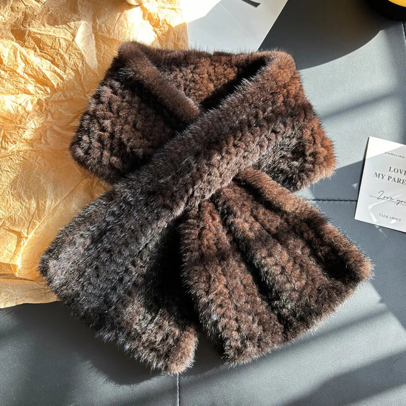 Bufanda de piel de visón cálida de invierno, bufanda sencilla de piel tejida a doble cara, pañuelo de piel a la moda, calentador de cuello de invierno para mujer