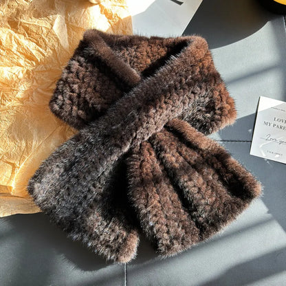 Bufanda de piel de visón cálida de invierno, bufanda sencilla de piel tejida a doble cara, pañuelo de piel a la moda, calentador de cuello de invierno para mujer