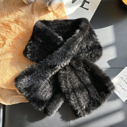 Bufanda de piel de visón cálida de invierno, bufanda sencilla de piel tejida a doble cara, pañuelo de piel a la moda, calentador de cuello de invierno para mujer