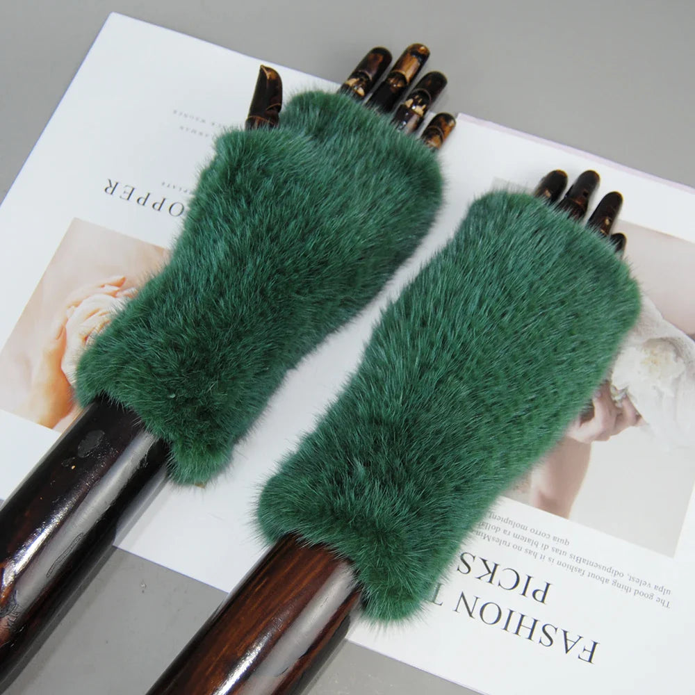 New Style Women Winter  Mink Fur Gloves 100% Natural Warm Mink Fur Fingerless Gloves Girls Knitted Genuine Mink Fur Mittens