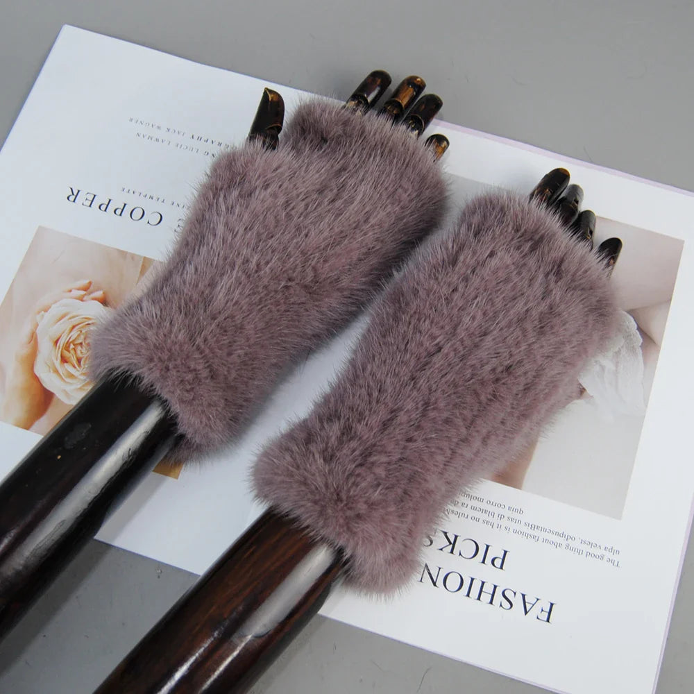 New Style Women Winter  Mink Fur Gloves 100% Natural Warm Mink Fur Fingerless Gloves Girls Knitted Genuine Mink Fur Mittens