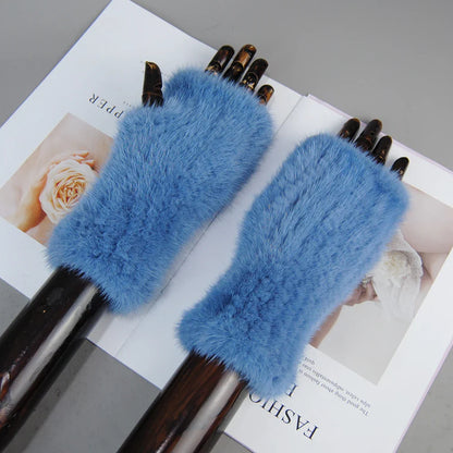 New Style Women Winter  Mink Fur Gloves 100% Natural Warm Mink Fur Fingerless Gloves Girls Knitted Genuine Mink Fur Mittens