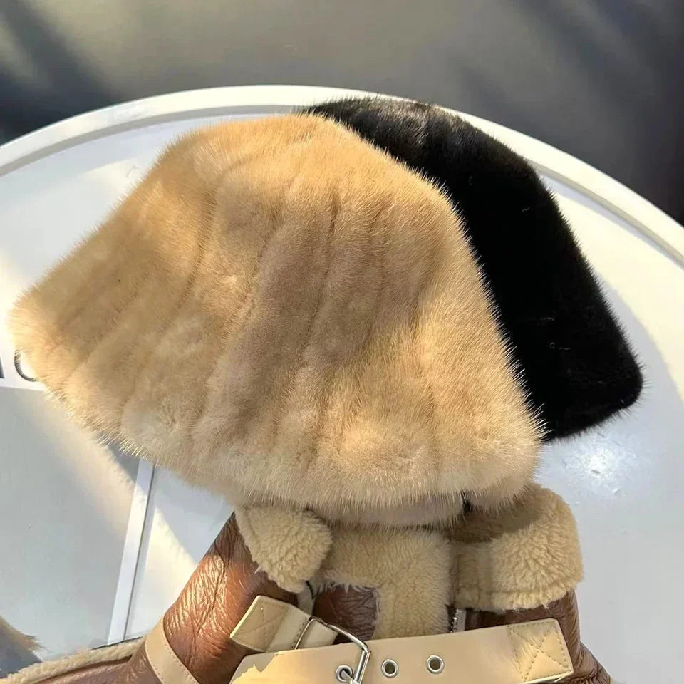 Sombreros de invierno para mujer de nuevo estilo, de piel de visón, gorros de cubo, gorro de visón natural cálido, gorra de piel de visón auténtica a la moda para exteriores