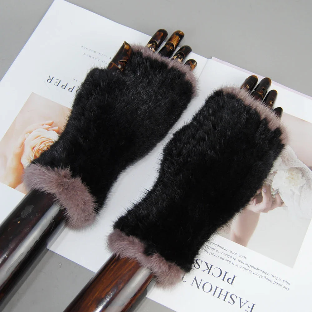 New Style Women Winter  Mink Fur Gloves 100% Natural Warm Mink Fur Fingerless Gloves Girls Knitted Genuine Mink Fur Mittens