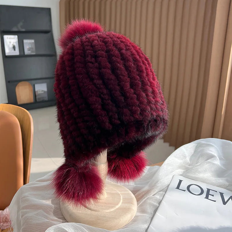 Moda invierno lujo mujer gorros de aviador de punto sólido de piel, gorros de piel de visón para mujer, gorros con orejeras de piel de zorro, gorros con orejeras para mujer